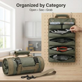 Yobobo Tool Bag for Hand Tools: 6 Zipper Pockets Keep Tools Sorted - Hang-Open Access on Hooks/Pegboard - Heavy-Duty Garage Organizer for Homeowner DIY Repairs