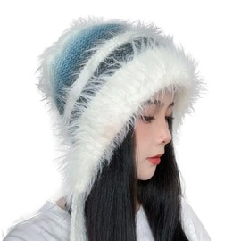 AWOCAN Women Fluffy Faux Fur Hat Winter Knitted Slouchy Beanie Cap Windproof Cover Ears Beanie Hat (AU, Alpha, Large, Blue)