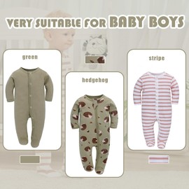 LAT 3 Pcs Baby Sleep and Play Pajamas,100% Organic Cotton Infant Girls Boys One-Piece Footies Romper Newborn Sleepwear Outfits,zipper design(Green Hedgehog,9-12Months)