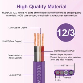 YDDECW 12/3 NM-B Wire with Ground - 10FT Non-Metallic Sheathed Cable 100% Pure Copper 12 AWG 3 Conductor Residential Indoor Wire for Outlets, Switches, Other Loads and Lighting Wiring Projects etc.