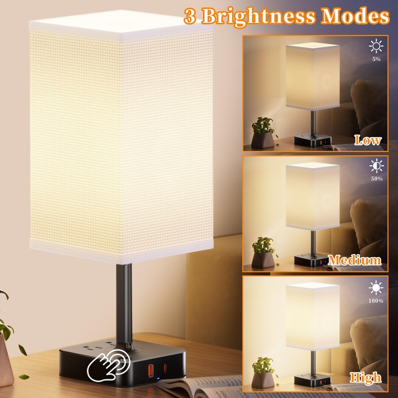 Remote Control Bedside Lamp with USB-C & USB-A Charging Ports,