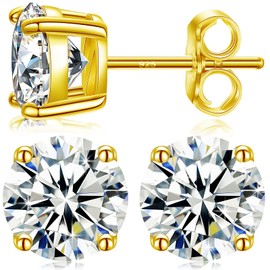 Sterling Silver Moissanite Earrings Stud, 0.2ct/ 0.6ct/ 1ct/ 2ct/ 3ct/ 4ct D Color Round Cut White Gold Earring Set for Sensitive Ears, Yellow Gold, Moissanite