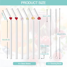Glass Straws Reusable, 6 PCS Shatter Resistant Reusable Straw with 2 Cleaning Brushes, Eco Friendly Bent Straws Reusable Glass Straws Drinking for Smoothies Milkshake and Cocktail (20cm)