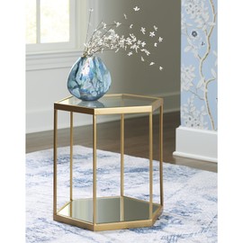 Signature Design by Ashley Veerwick Glam Metal Accent Table with Glass Top and Lower Shelf, Metallic