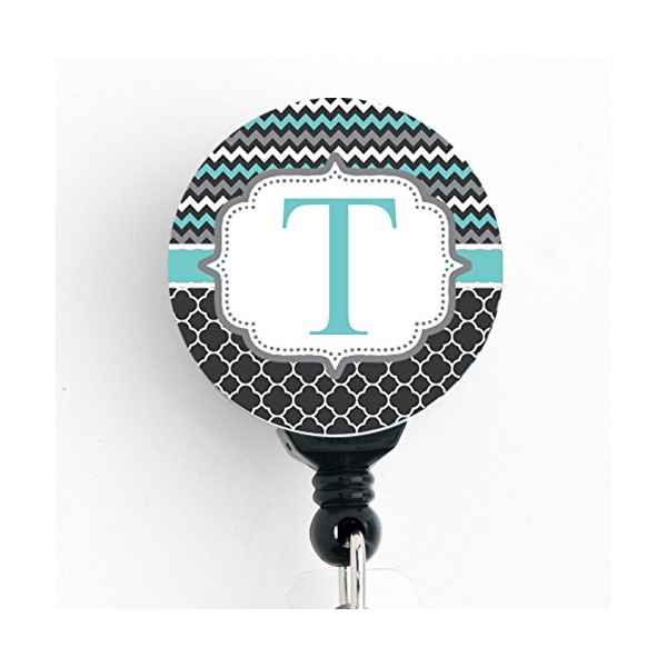 T Initial Chevron Trellis - Retractable Badge Reel with Swivel Clip and Extra-Long 34 inch Cord - Badge Holder