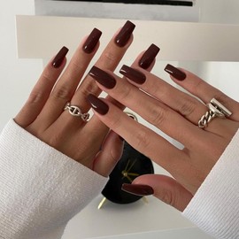 Fall Nails KQueenest Medium Long Press On Nails Coffin Nails Press Ons Gloss Brown Dark Color Long Fake Nails For Women Thick Gel Square Tip Nails Acrylic False Nails Set, 24 Pcs