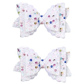 2 Pack Sprinkle Glitter Bows for Girls, Pink Toddler Girl Bows Glitter Rainbow Hair Clip Barrettes Set, Birthday Accessory Wedding Party Cute Headwear Gifts for Girls, Toddlers, Teens, Kids, White