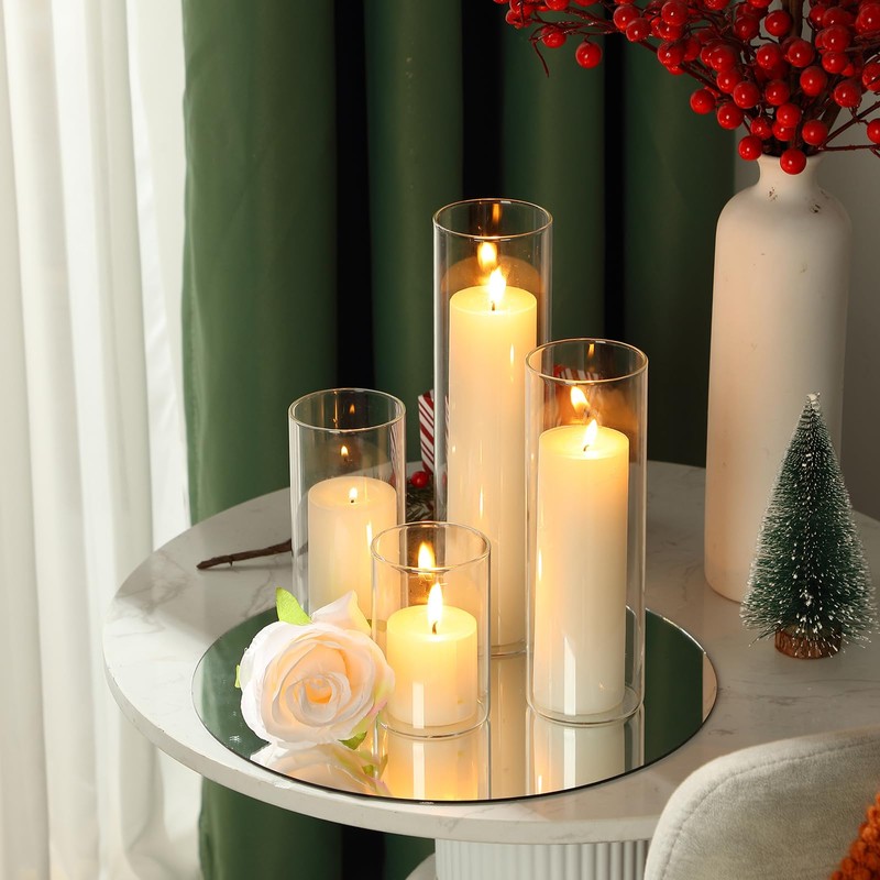 Shihanee Set of 8 Ivory Pillar Candles and Glass Cylinder