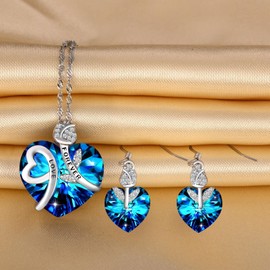 MICSAVI Crystal Necklace and Earrings Set Flower Rose Necklace with "Love Forever" Engraving Heart Jewellery Set Sterling Silver 925 Necklace Rose Earrings Jewellery for Women Girls Wife Mother Girlfriend, Stone Sterling Silver Stone Sterling Silver Crys