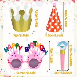 GWAWG 25Pcs Birthday Party Sets with Birthday Banners, 11Pcs Birthday Cone Party Hats, 10 Pcs Party Blowers, 3 Pcs Party Glasses, Paper Party Hats for Girls Boys Kids Adults (9 Hats+2 Crowns)
