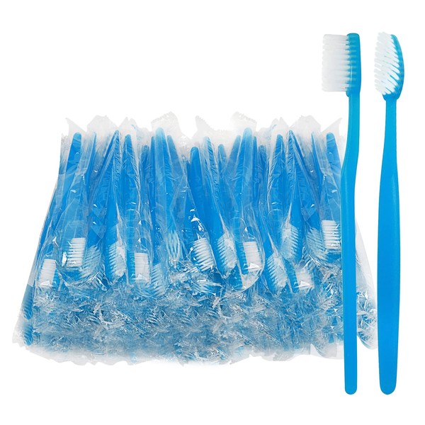 Blue Handle Toothbrushes Individually Wrapped, Multipack Disposable Toothbrushes for Hotel,