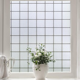 Windimiley Window Privacy Film Frosted Glass Static Cling Black Lattice Bathroom Decorative window Sticker Winter Heat Control Sun Blocking Window Cover Vinyl Opaque Door Covering, 35.4 x 78.7In, Pure