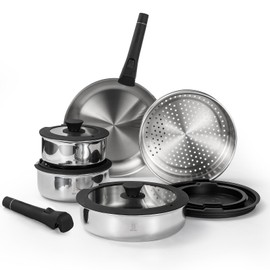 ROYDX16 PCS Pots and Pans Set,18/10 Stainless Steel Cookware Set with Adjustable Detachable Handles for RV,home Dishwasher Safe and Oven Safe