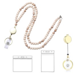 Teacher Wooden Bead Lanyard with ID Holder Handcrafted Boho Retractable Lanyard for ID Badges Elegant Keychain Professional & Stylish Office Accessory - Mysuevin (Type 1)