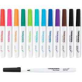 TWOHANDS Dry Erase Markers Ultra Fine Tip,0.7mm,Low Odor,Extra Fine Point,11 Assorted Colors,Whiteboard Markers for Office,Home,or Planning Whiteboard,12 Count,20529