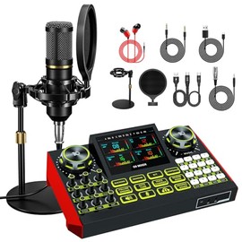 Paquete de micrófono de podcast con tarjeta de sonido en vivo y mezclador de audio, equipo de podcast paquete de tarjeta de sonido con panel de efecto