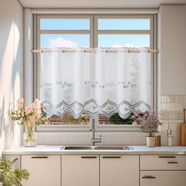 Daliena Net Curtain Kitchen Coffee Motifs Embroidered Bistro Curtain with Perforated Strip Kitchen Curtain Small Window Curtains Transparent for Living Room Cafés Stores Grey (W x H 90 x 80 cm) 1