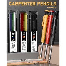 22 Pack Mechanical Carpenter Pencil Set with Sharpener 60 Refills, Automatic Center Punch, Carbide Scribe Tool, Eraser and Deep Hole Marker Pen, Heavy Duty Construction Pencil for Architect-With Pouch - Colour: Red+Black+Yellow(22pcs)