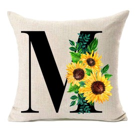 MFGNEH Monogram Letter M Sunflower Pillow Covers 18x18 Inch,Spring Decor Throw Pillow Case Cushion Cover Summer Farmhouse Decor for Couch Sofa,Family Last Name Initial Pillow Case,Home Decorations