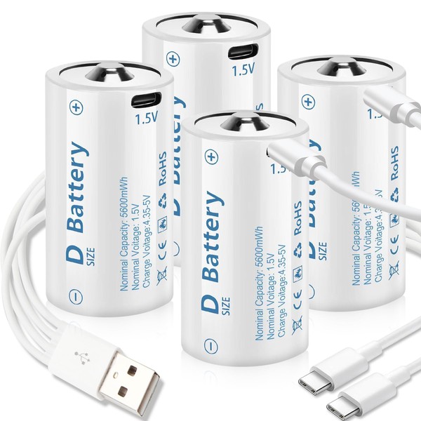 D Cell Batteries 4 Pack,Lithium D Batteries 5600mWh, Rechargeable D