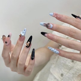 Yazikisa Almond Press on Nails Handmade Medium Long Fake Gel Nail False French Tips Y2K 3D Cat Bow Designs Cute Artificial Fingernail Glue on Manicure Art Black 10 Pcs (M)