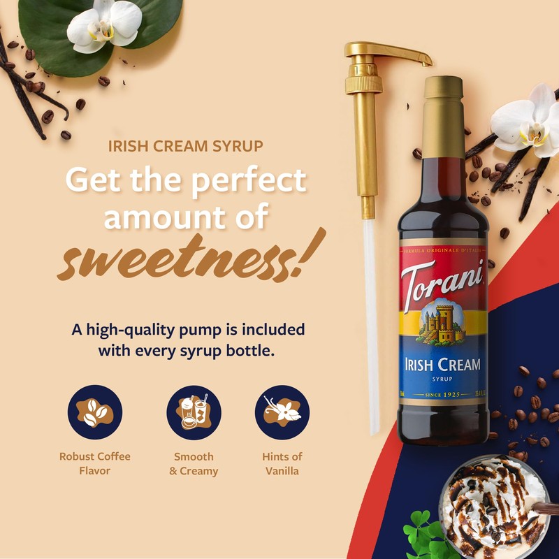 Torani Coffee Syrup, Irish Cream Flavored Syrup for Drinks, Pump