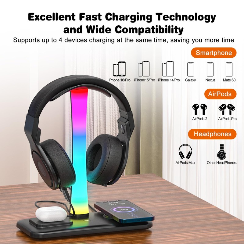 Jubor 3 in 1 RGB Gaming Headphone Stand, Headset Holder