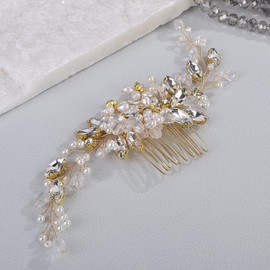 Wekicici Gold Flower Wedding Hair Comb Pearl Bride Wedding Hair Comb Bridal Rhinestone Hair Piece Floral Hair Accessories for Women Headband Headpiece (Gold)