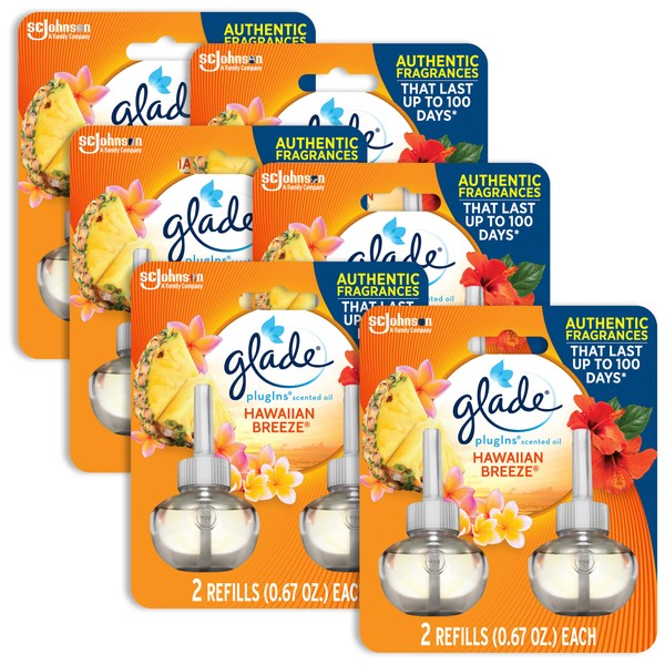 Glade PlugIns Refills Air Freshener, Scented and Essential Oils for Home and Bathroom, Hawaiian Breeze, 1.34 Fl Oz, 6 Count