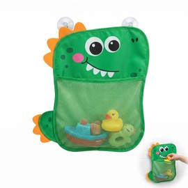 FIQLUL Cesta Porta Giochi Bagnetto Bambini - Organizzatore Bagno con Rete a Motivo Dinosauro, Borsa a Rete per Giocattoli Vasca e Doccia, Portaoggetti da Appendere Traspirante, 39 x 35 cm