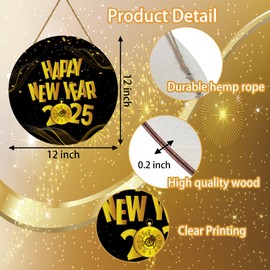 Happy New Year Decorations 2025 Happy New Year Sign Black Gold New Years Wreath Happy New Year Door Sign Wooden Door Hanger for Front Door Porch Wall Indoor Home Decor