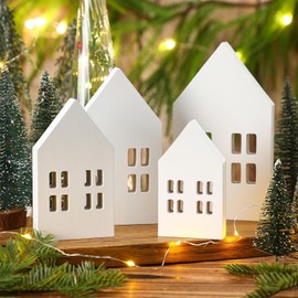 4pcs Wooden House Home Sign for Tiered Tray Table Centerpiece Decorations,Rustic Farmhouse White Small Wood Houses Shaped Sign for Coffee Table,Living Room Home Kitchen Decor