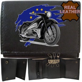 Biker Classic Vintage Motorbike Motorcycle Euro Flag Mens Key Wallet Gift Box KLASSEK Brand Real Black Leather 6 Clips with Zip Pocket