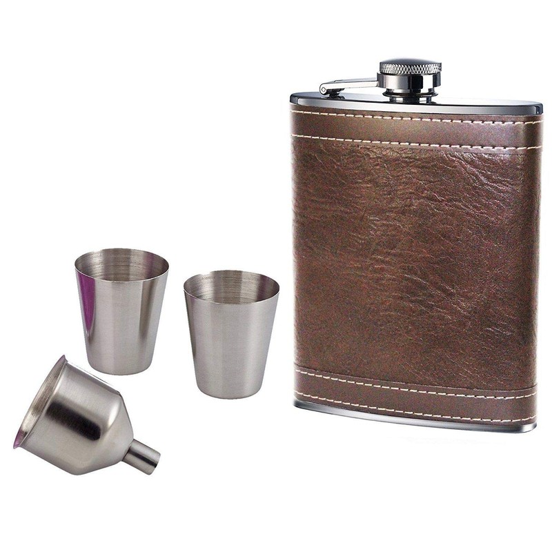 8oz Brown Leather Hip Flask with 2 Cups & Funnel