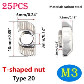 Ctyjia Pack of 25 T-slot nuts, M3 T slot nuts, T-sliding nuts, carbon steel hammer nuts, T-slot nuts for 20 series aluminium profile, M3 x 10 x 6 mm
