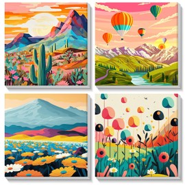 MISCER 4 Pack Paint by Numbers for Adults Beginner,Landscape Paint by Number Kits for Beginner Kids, DIY Acrylic Oil Painting Suitable for Home Decoration (8x8inch)