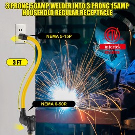Tellegloww 3FT 15Amp to 50Amp Welder Adapter Cord, Compatible with NEMA 5-15P Male to 6-50R Female 15Amp 3 Prong to 3 Prong Welder Power Adapter, STW 10 AWG/3C, 15 Amp 250V 3750 Watt ETL Listed
