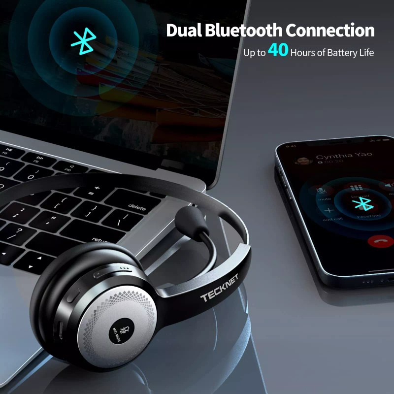 TECKNET Bluetooth Headphones with AI Noise Cancellation and Adjustable Mic