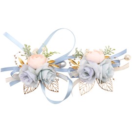 Domaxfico Blue and white Rose Corsage and Boutonniere Set, Artificial Flower Wrist Corsage Bracelets, Boutonnieres for Best Men，Usiing for Wedding Prom Ceremony Anniversary Formal Dinner Party