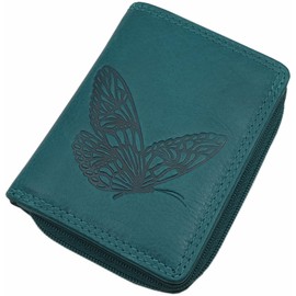 myledershop Small Cowhide Leather Wallet with Butterfly Motif and RFID & NFC Protection, petrol, Modern