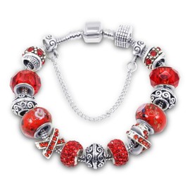 Savlano Silver Tone Red Charm Bracelet with Crystal and Murano Glass Beads Snake Chain for Women Comes in a Gift Box
