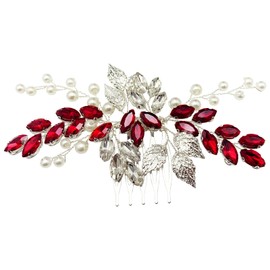 BETITETO Bridal Crystal Hair Comb Wedding Rhinestone Pearls Silver Leaf Hair Piece Accessories for Women Girls (Red)