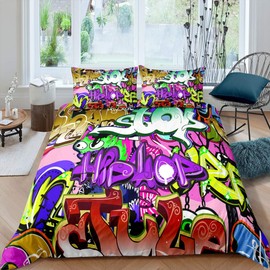 Hip-Hop Comforter Cover Street Culture Graffiti Abstract Style Duvet Cover Colorful Brush Pattern Decor Bedding Set for Adult Teen Boys Hippie Theme Bedspread,1 Duvet Cover with 1 Pillow Case,Single