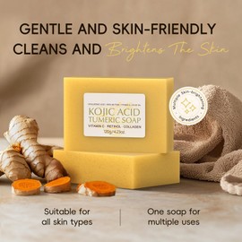 Turmeric and Kojic Acid Soap, Handmade Face & Body Bar for Cleansing & Moisturising, With Vitamin C, Retinol & Collagen, Gentle Tumeric Soap for Radiant & Even Skin Tone, With Foaming Net
