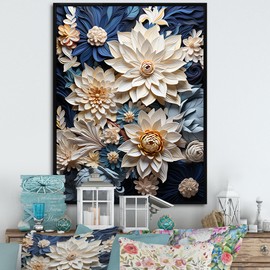 DesignQ Flowers Wall Art, Radiant Paper Mache Flower Blossoms, Flowers Large Black Framed Wall art decor, Beige Canvas wall art, 30x40 inches