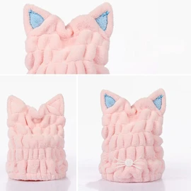 Towel Cap, Cat Ears, Hair Dry Cap, Water Absorption, Drying, For Bathing, Microfiber, Cute (Pink)