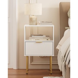Masupu Night Stand, Mid-Century Bedside Table with Storage Drawer and Open Wood Shelf, Small Gold Frame Flueted Nightstand, Side Table for Bedroom, Living Room, White(Tall 25'')