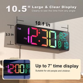 JALL 10.5'' Large Digital Wall Clock with Remote Control, Dual Alarm with Big LED Screen Dispaly, 8 RGB Colors, Auto DST, Temperature for Living Room, Bedroom, Gift for Elderly (Black, 10.5 inches)