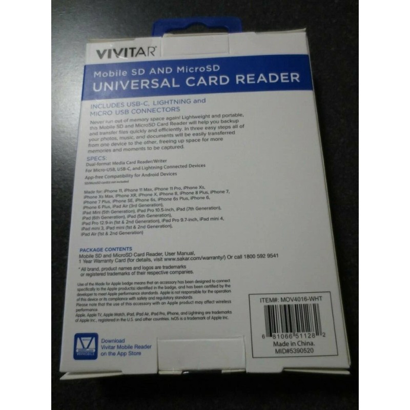 Vivitar Mobile SD & MicroSD Universal Card Reader White MOV4016-WHT