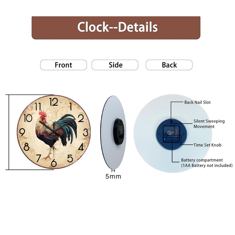 XNM Brown Rooster Wall Clocks Battery Operated 14 Inch Farmhouse
